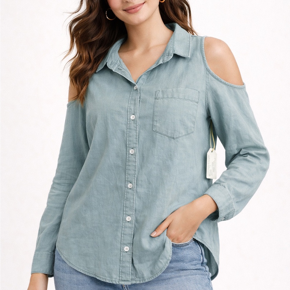 Blossom & Clover Cold Shoulder Shirt Blue Green Size M 100% cotton